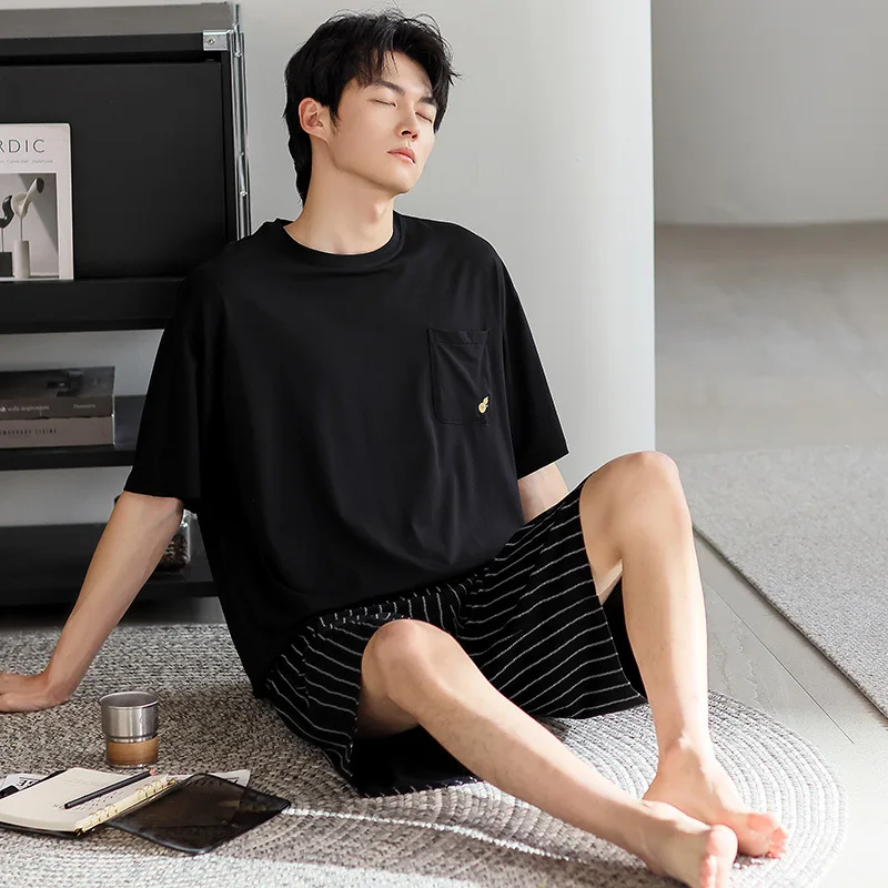 

Модальные мужские летние пижамы из 2 предметов, домашняя одежда, шорты с короткими рукавами, комплект больших размеров, свободное нижнее белье, мужской пижамный комплект, Hombre Pijamas