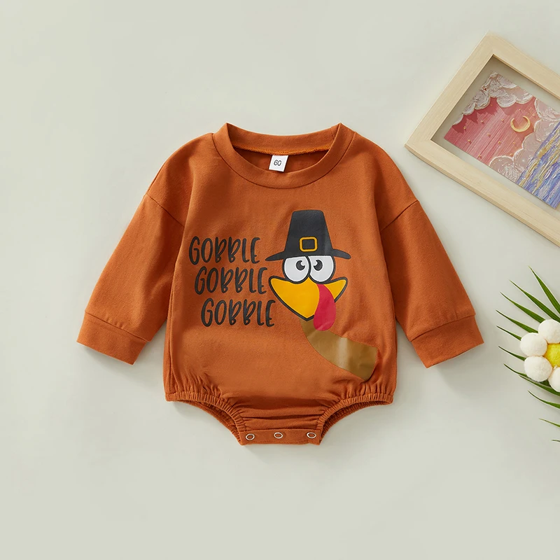 

Thanksgiving Turkey Print Long Sleeve Romper for Baby Boys and Girls Crew Neck Letters Bodysuit for Fall Holiday