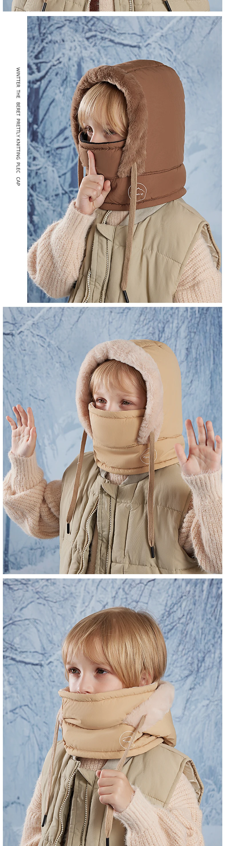 Winter-Fahrradmütze, warmer Schal für Kinder, Gesichtsmaske, integriert, kältebeständig, winddicht, Kopfbedeckung, verdickter Samt-Nackenschutz – Detail 8