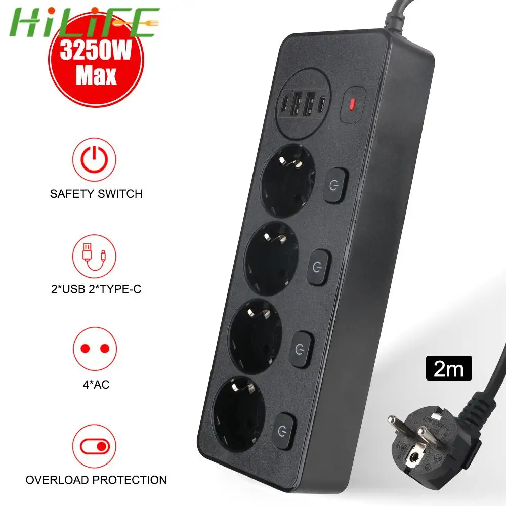 

2-USB 2-Type C 2m Cord EU Plug Power Strip 4 Way Outlets 3250W Independent Switch Electrical Extension Socket