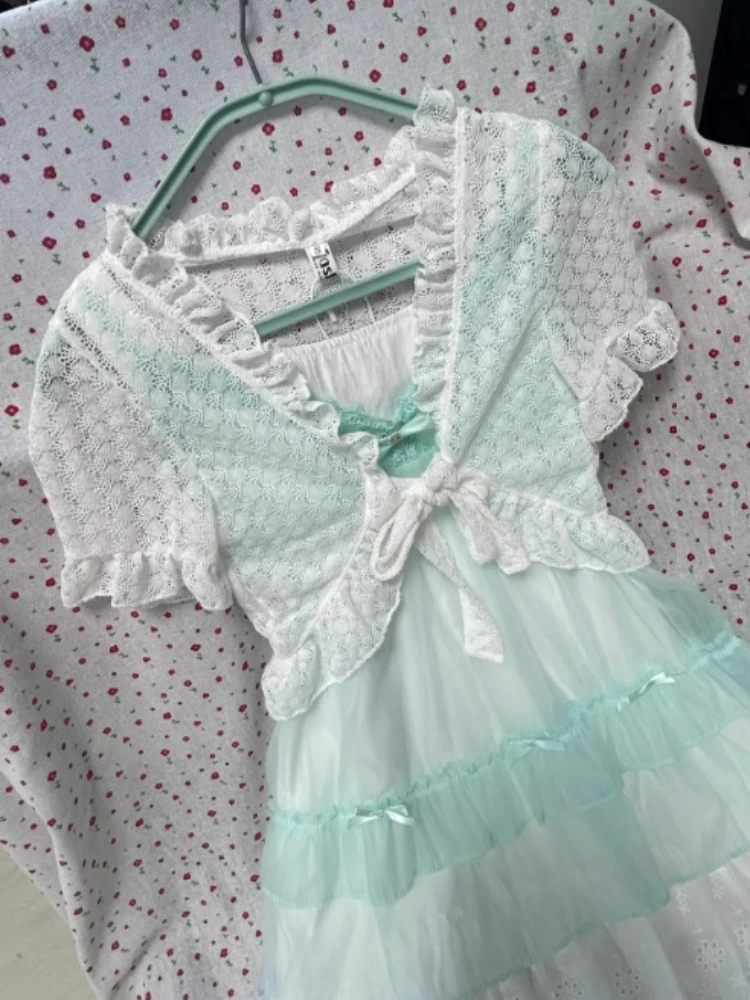 Gaun Dua Potong Lolita Jepang Manis Gaun Berlapis Ruffle Tambal Sulam Renda Pakaian Musim Panas Lengan Pendek Lucu Kawaii Baru 2025