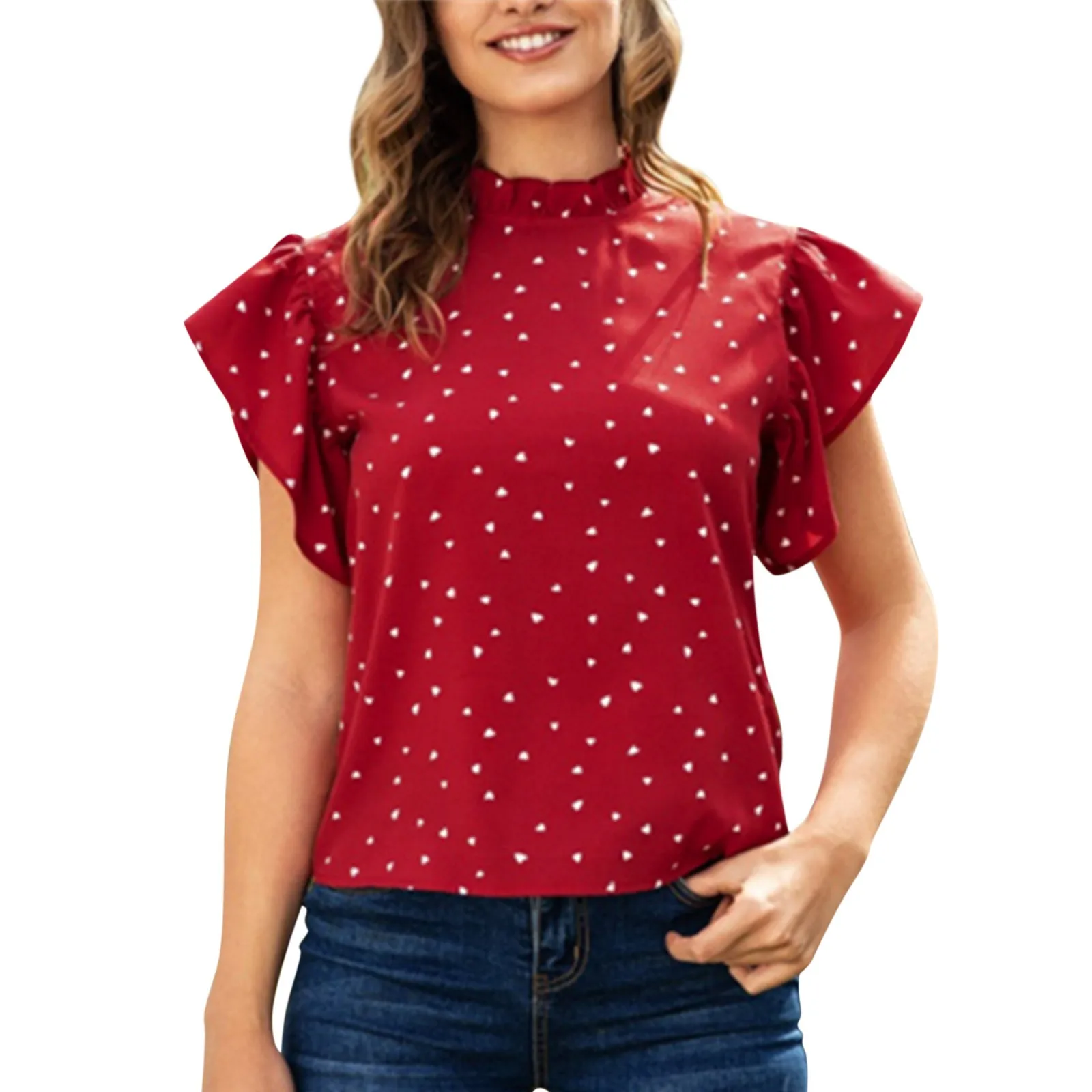 Summer Polka Dot Blouse Shirt Woman Casual Ruffle O-Neck Green Red Short Sleeve Tops Femme Cloth