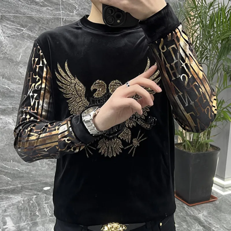 Luxury Winter Men\'s Golden Velvet Sweater Long Sleeve Round Neck Basecoat Light  European Hot Diamond Personalized T-shirt