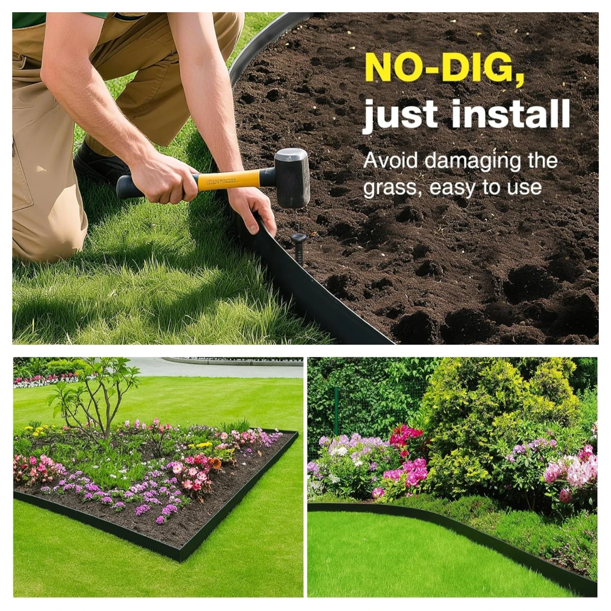 33FT - 100FT Grabenfreie Landschaftsabgrenzung mit Ankerstiften, 1,5 Zoll Hohes, gerades Kunststoff-Gartenzaun-Set, Schwarz – Detail 5