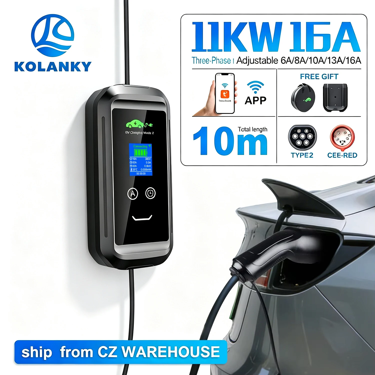 Kolanky 6/8/10/13/16A 11KW Elektrofahrzeug Heimladestation mit Timer Typ 2 Tuya APP WLAN-Steuerung Ladezeit-Einstellung PHEV Auto 10M