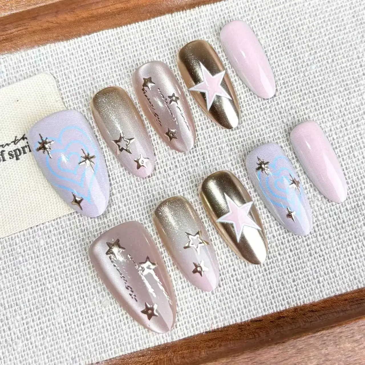 10pcs Pink And Silver Star Fake Nails Handmade Press On Y2k Cute Almond Nails Reusable Woman Kawaii Korean False Nails Tips