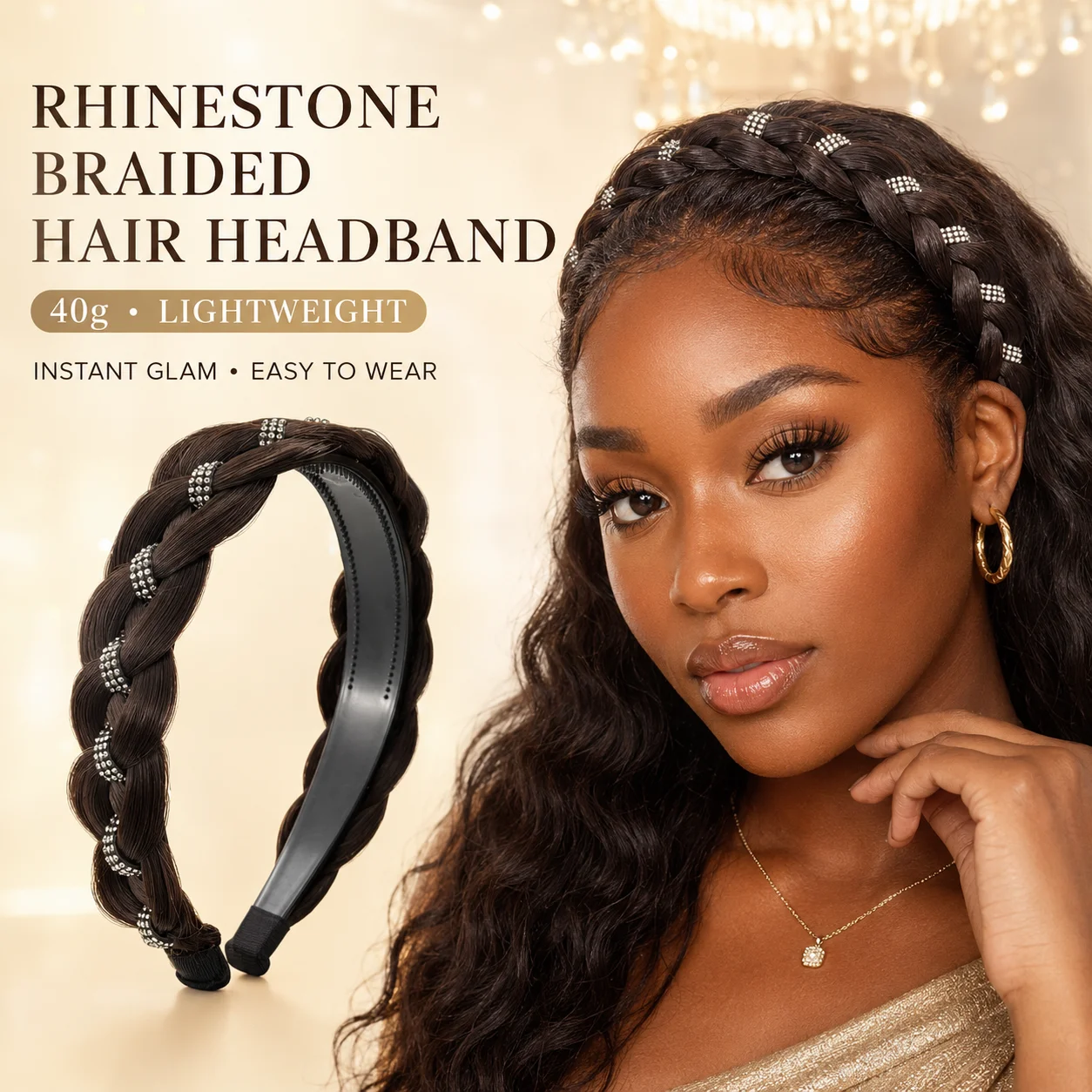 Rhinestone Braided Hair Headband for Black Women Wide Non-Slip Synthetic Hair Braid Crown Elegant Princess Hair Accessories