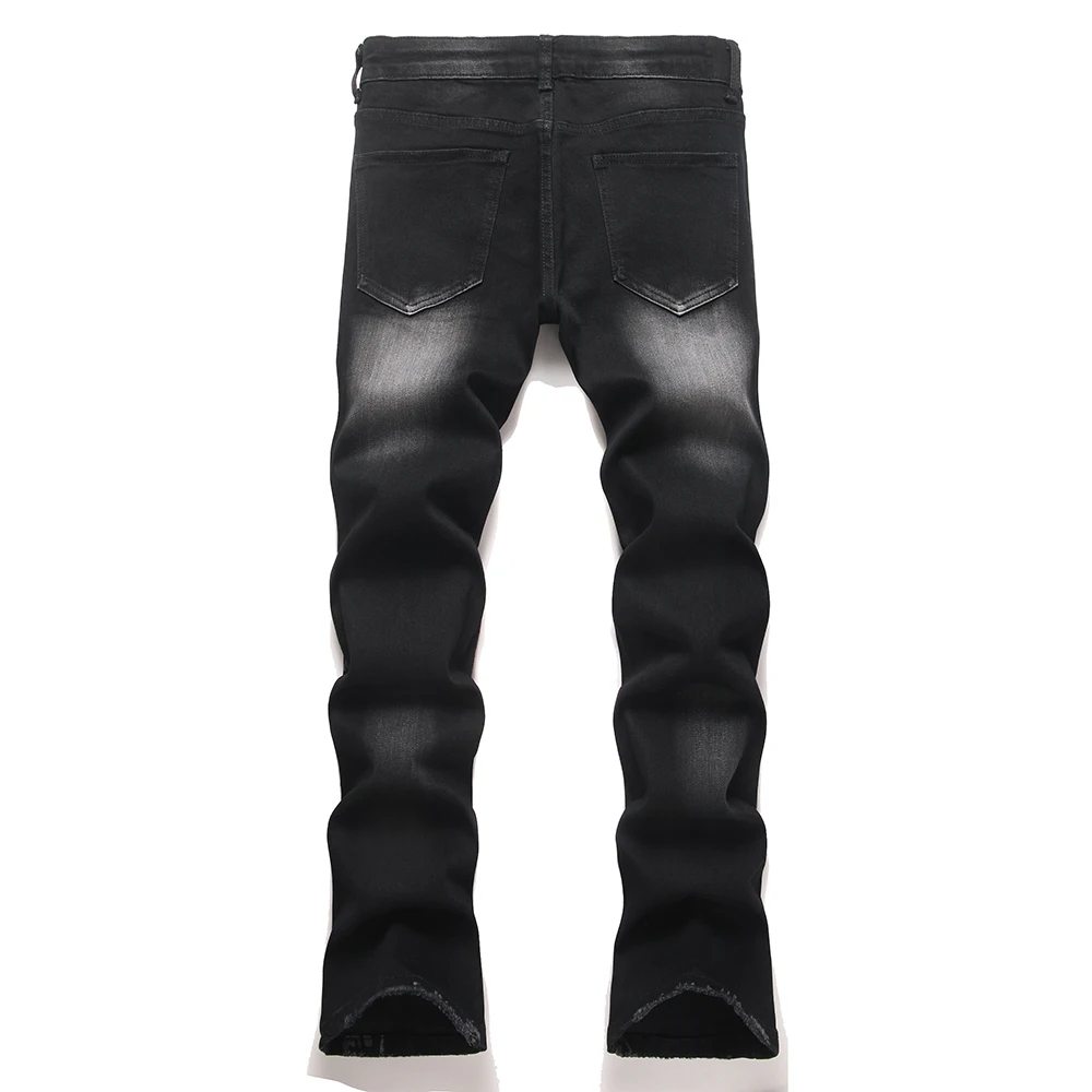 Men's Embroidery Printed Denim Jeans Streetwear Black Stretch Spandex Pants Slim Boot Cut Flared Trousers