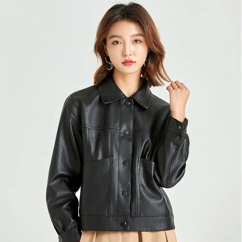 Lady Slim Fit Leather Coat Spring Autumn Thin Leather Jacket Women's solid Lapel Motorcycle PU Outwear Windproof Top Streetwear