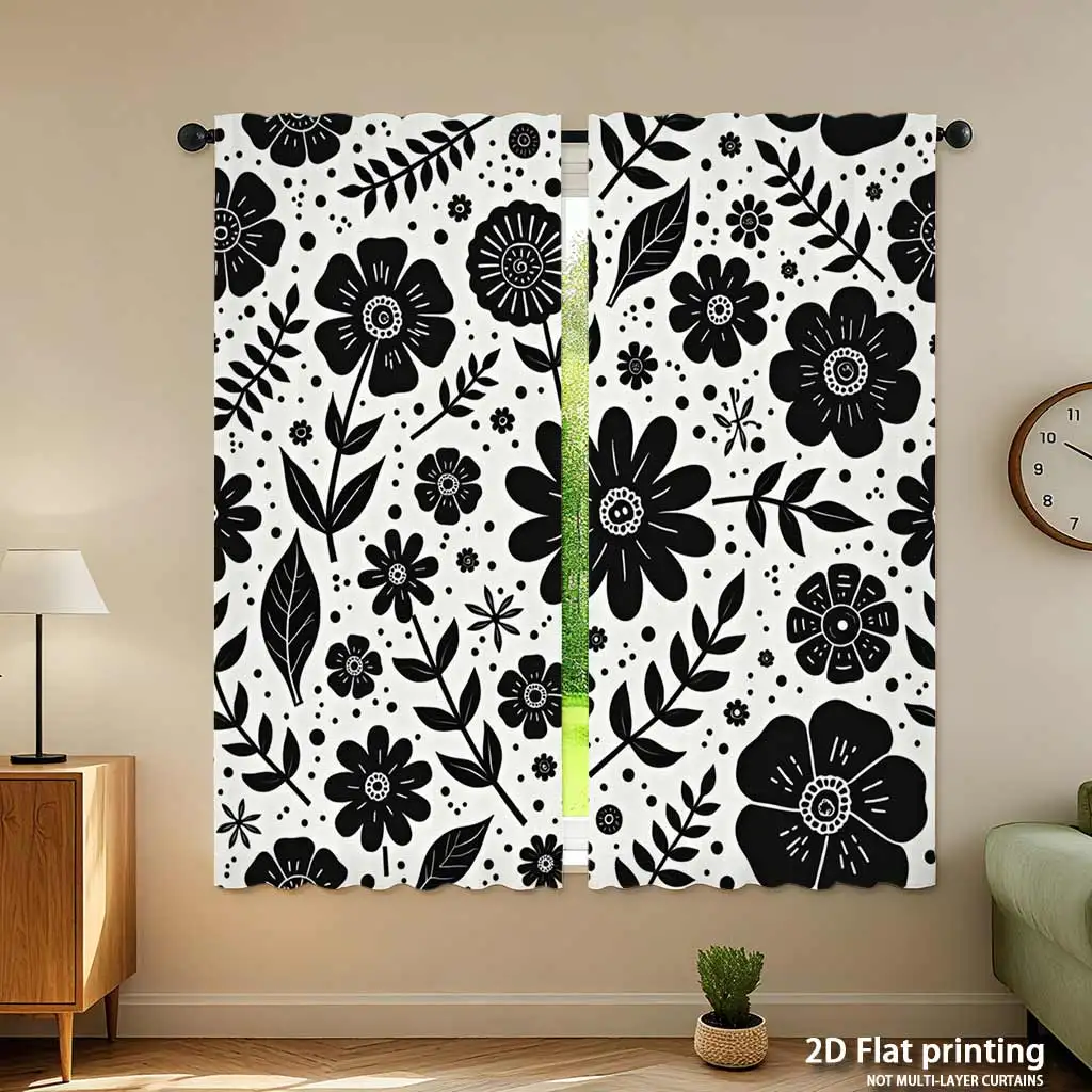 Black Floral Pattern Curtains Living Room Curtains Modern Botanical Prints Aesthetic Window Drapery Chic Home Decor Panel