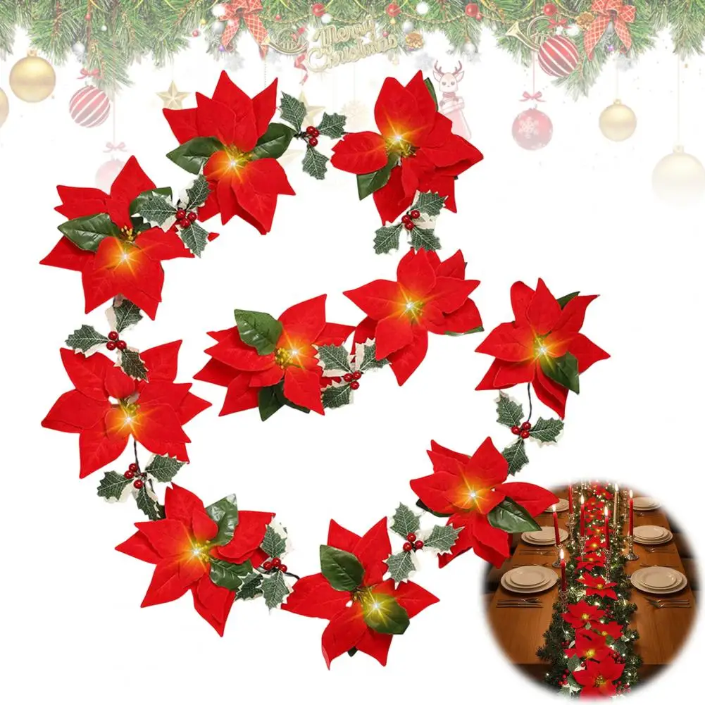 Christmas Decorative Lanterns Christmas Poinsettia String Lights Garland Green Floral Fairy Lights Battery Usb Operated for Tree