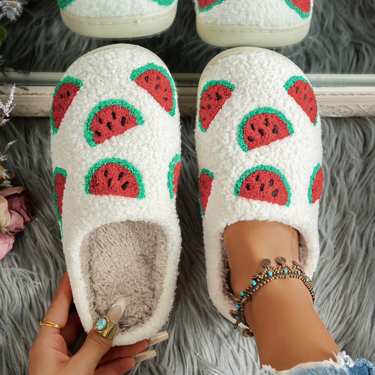 Cartoon Fruit Watermelon Fashion Warm Bedroom Women's Slippers Indoor Winter Non Slip Soft Sole Comfortable Cute Home Mute Shoes - view 4