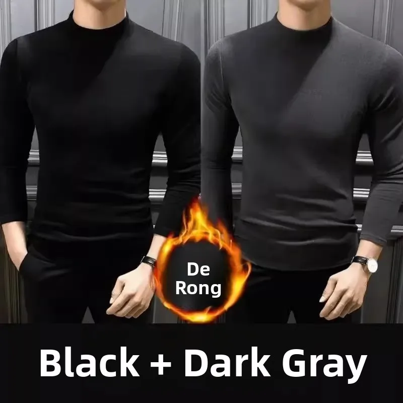 Men's Double-Sided Fleece Long Sleeve T-Shirt High Neck Base Layer Slim Fit Casual Wear Polyester Fiber Winter Top