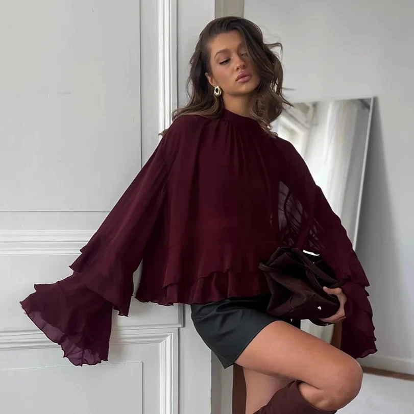 2026 Spring New Ruffle Trim Chiffon Top Women High End Sense Stand Collar Long Sleeve Shirt Elegant Design Commute Womens Wear