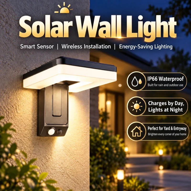 Outdoor Solar Powered Wall Lamp with Motion Detector IP66 Weatherproof LED Security Light Wire-Free Auto Lighting for Backyard