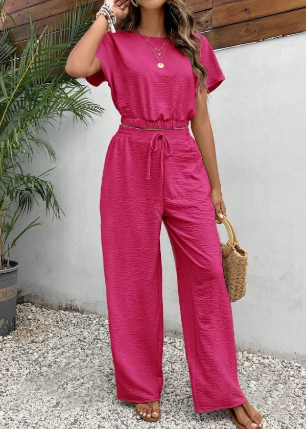 

2024 Summer Fashion Soild Color Two Piece Set Women Casual Round Neck Short Tops + High Waist Wide Leg Pants Female Suit New