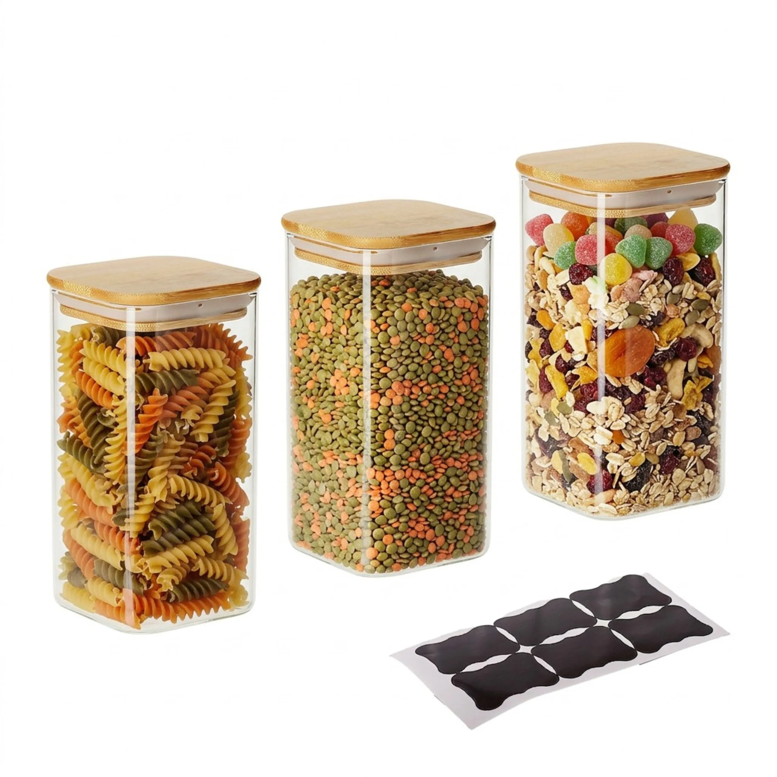 Vorratsgläser 3er Set, luftdicht, für die Küche, Glas mit Bambusdeckel und Silikonring, 1500 ml, transparent/natur, Aufbewahrungsgläser, Relaxdays