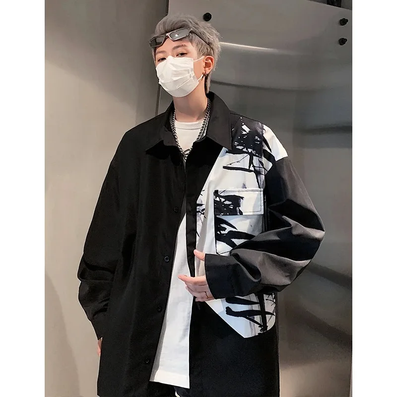 

Black and White Contrast Ink Painting Shirt Men's Early Autumn New Chinese Style Long Sleeves High-End Jacket