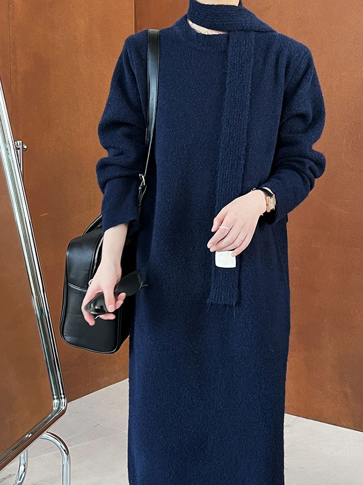 [EAM] Women Coffee Knitting Big Size Elegant Sweater Dress New Round Neck Long Sleeve Fashion Tide Spring Autumn 2024 1DH8132