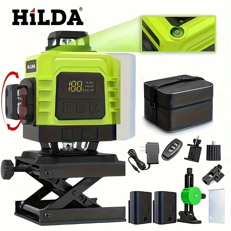 HILDA 4X360 Laser Level with Ultra Absolute Cross Green Light and 16 Line Level with Two Batteries and Rotating Laser Window