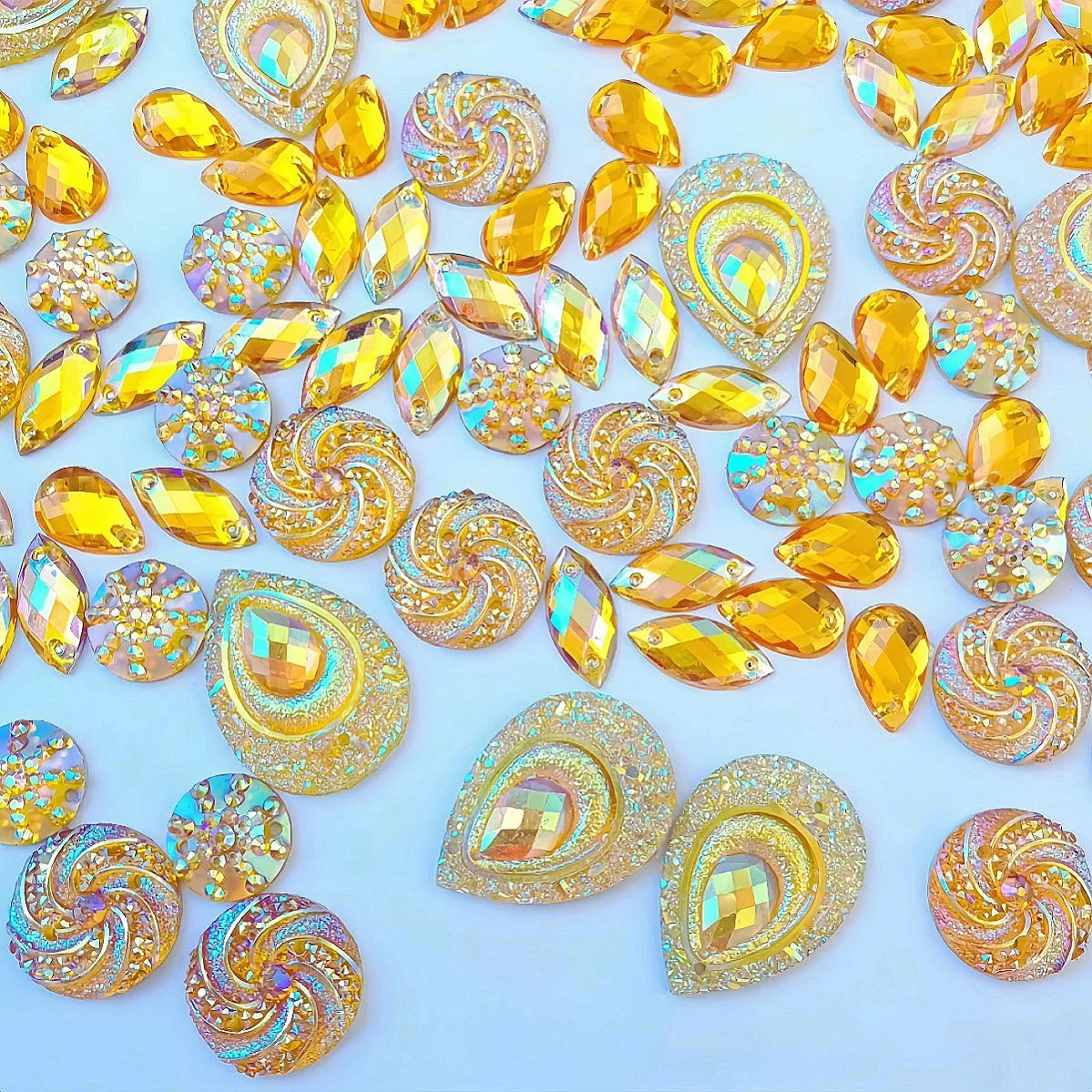 210Pcs Mix Sew on Yellow Clothing Rhinestones Crystals Stones AB Flatback For Show Dance Costumes Dress Sewing Shoes Decorations