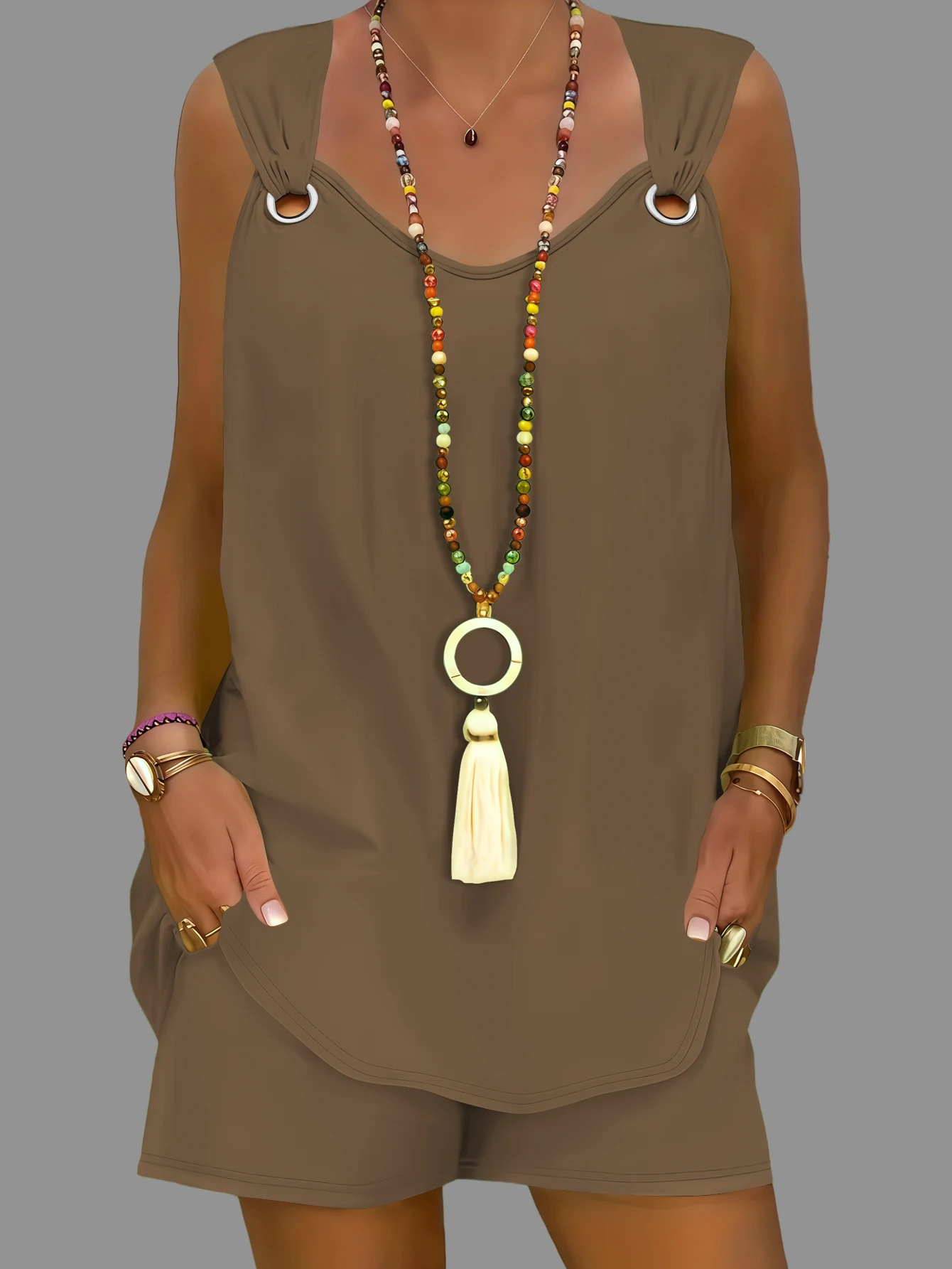 Eendelige dames zomerset met V-hals, effen kleur, mouwloos vest en shorts met ringdecoratie, los en casual