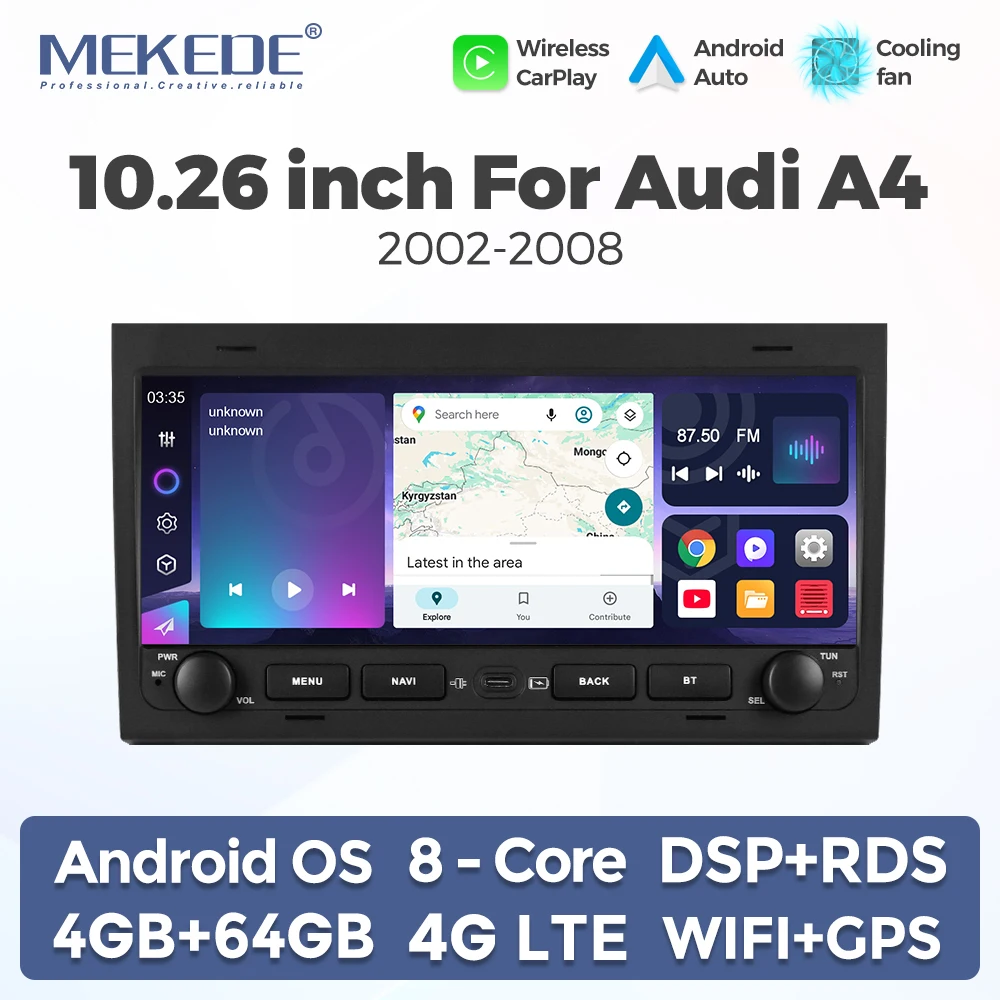 MEKEDE 10,26 Zoll Kabelloses CarPlay Android Auto Autoradio für Audi A4 B6 B7 S4 RS4 2000-2009 Autoradio Multimedia-Player Auto-Intelligentes System GPS-Navigation Android-Haupteinheit 4/8-Kern
