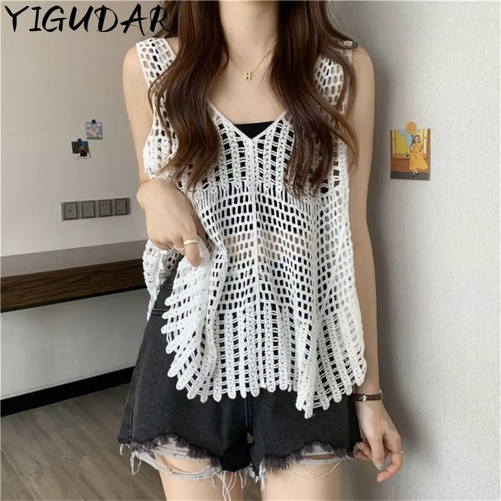 

2023 summer new chic Mesh Tops for Women Small Vest Round Collar Shirt Tank Fishnet Slim Fit Cropped Navel Short Summer Girls