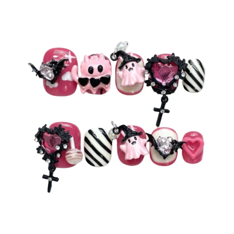 10 pièces 3D fantôme chauve souris chaton presse à la main sur les ongles mignon original coeur du diable court faux ongles amovibles réutilisables