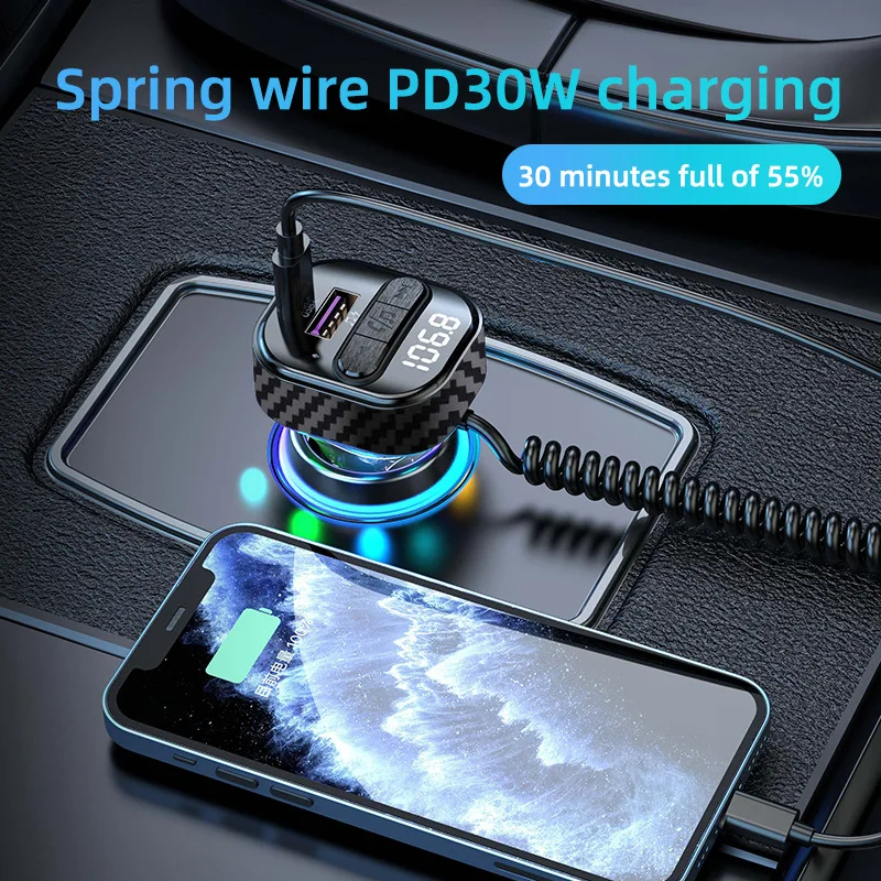 Transmetteur FM Bluetooth C52 avec fil à ressort, chargeur de voiture à charge rapide PD30W, lecteur clé USB 5V/3,1 a