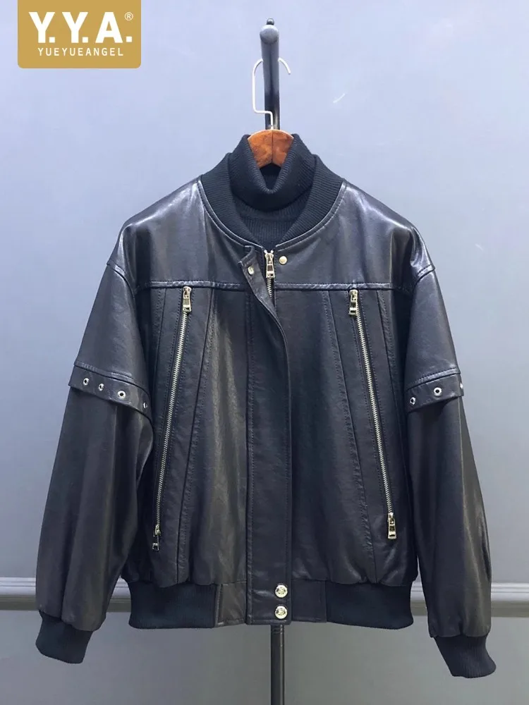 

Женская кожаная куртка с воротником-стойкой, в стиле панк, на молнии, укороченная, свободного кроя, новая, повседневная, из овчины, верхняя одежда, уличный стиль