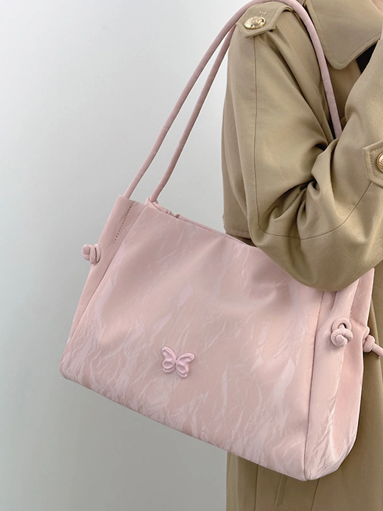 Large Capacity Pink Butterfly Tote Bag for Women 2024 New Student Class Sweet Commuting One Shoulder Handheld Underarm Bag