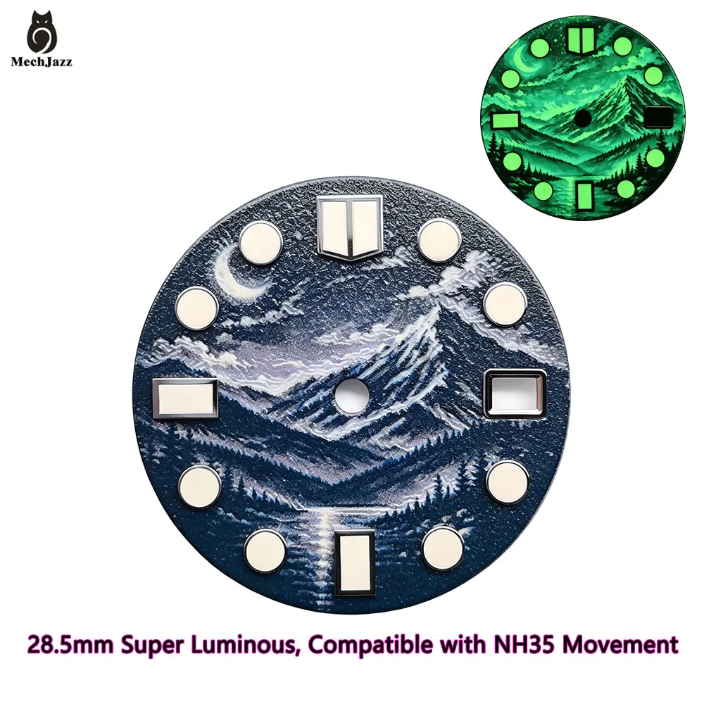 MechJazz 28.5mm Dark Blue Starry Sky Moon Mountain Pattern Watch Dial Super Luminous Dial For NH35 Automatic Watch Mod Parts
