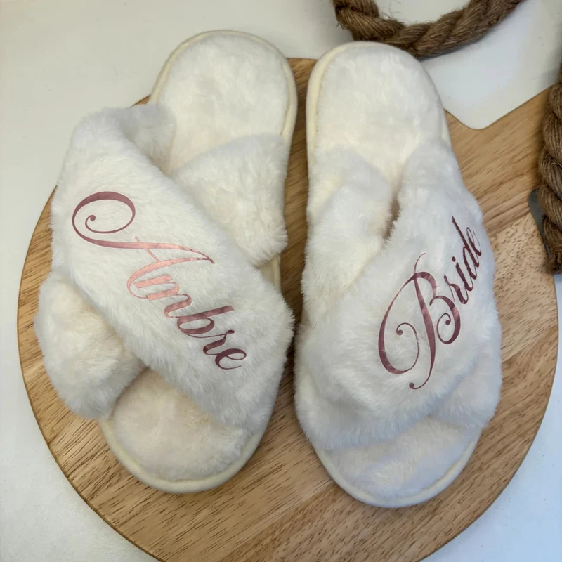 

Custom Bridesmaid Fluffy Cross Plush Open Toe Cozy Slippers Maid of Honor Gift Bridal Shower Wedding Bachelorette Party Slippers