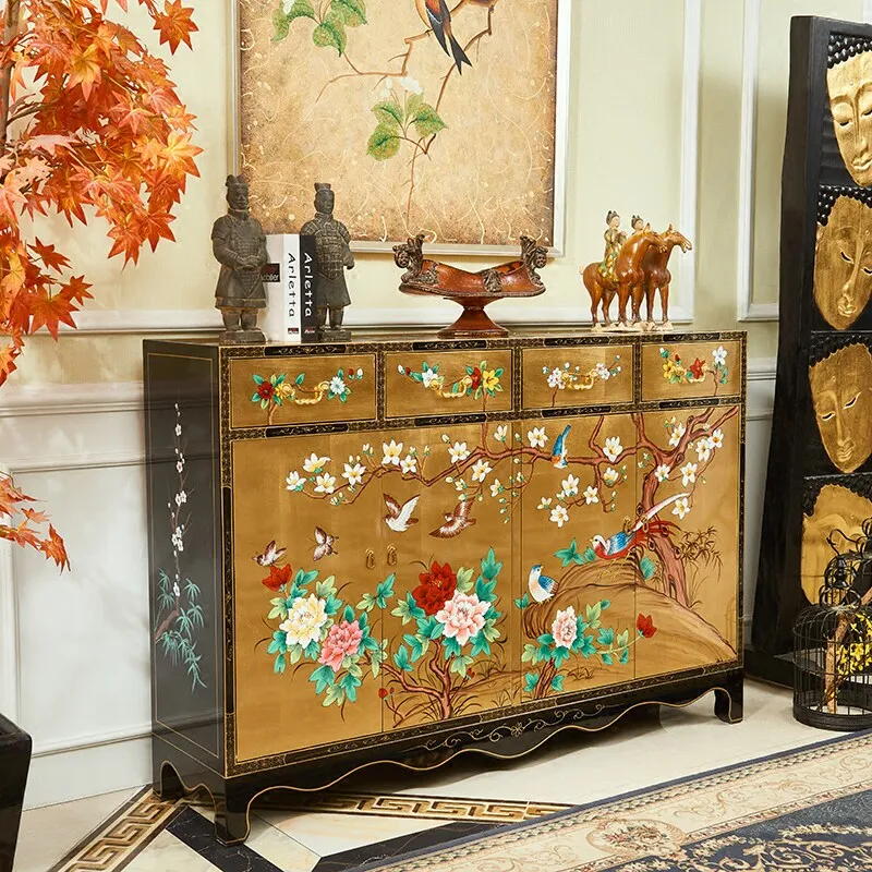 Chinese gold foil hand-painted dining side cabinet 1.6 meters entrance shoe cabinet Buddhist niche cabinet