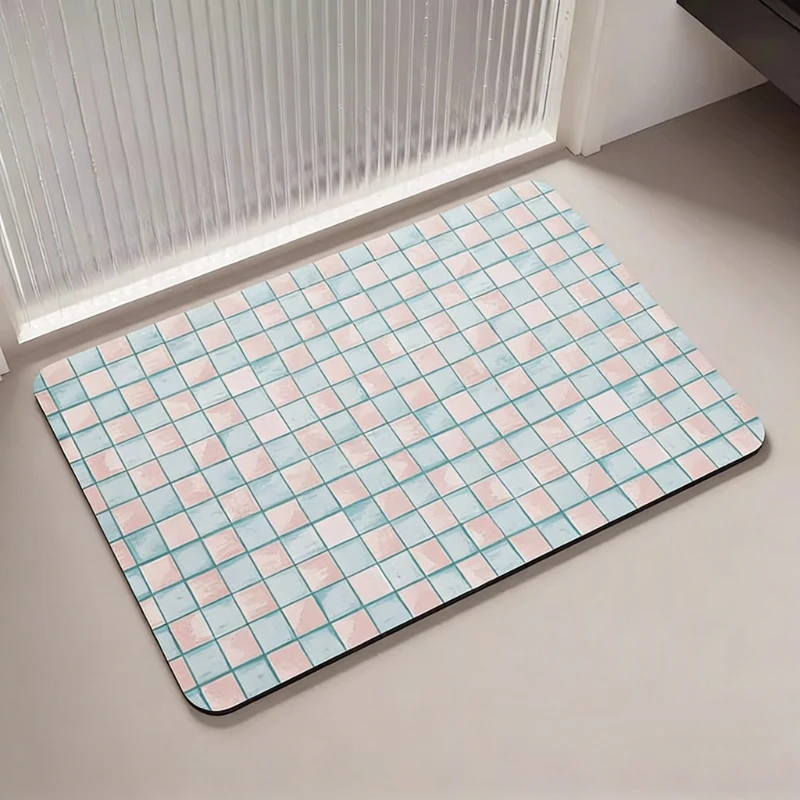

Коврик для ванной, впитывающий, нескользящий, для дома, светло-голубой, в клетку, с геометрическим узором, для туалета, прихожей, из диатомовой грязи, напольный коврик.