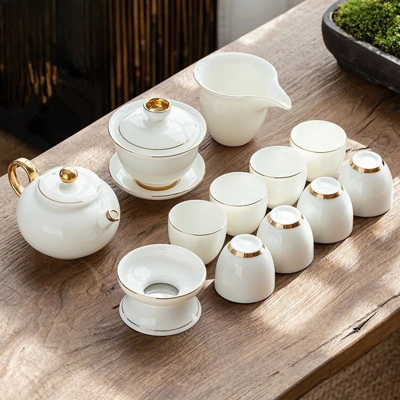 Ceramic cover bowl teapot, household Chinese simple suet jade white porcelain