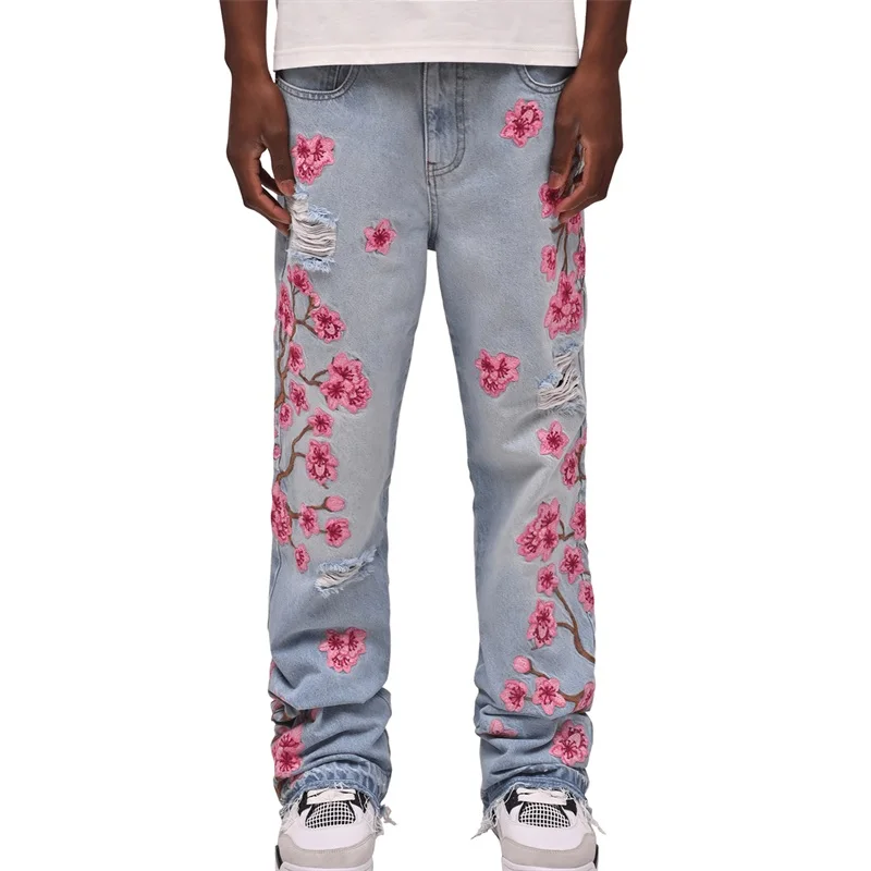 Men Fashion Denim Pants Floral Embroidery Ripped Jeans with Pockets Casual Trousers for Streetwear