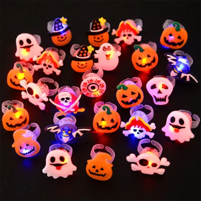 50PCS Children Halloween Luminous Rings Creative Cute Pumpkin Ghost Eye Rings Halloween DIY Decorations  LED Flash Finger Ring