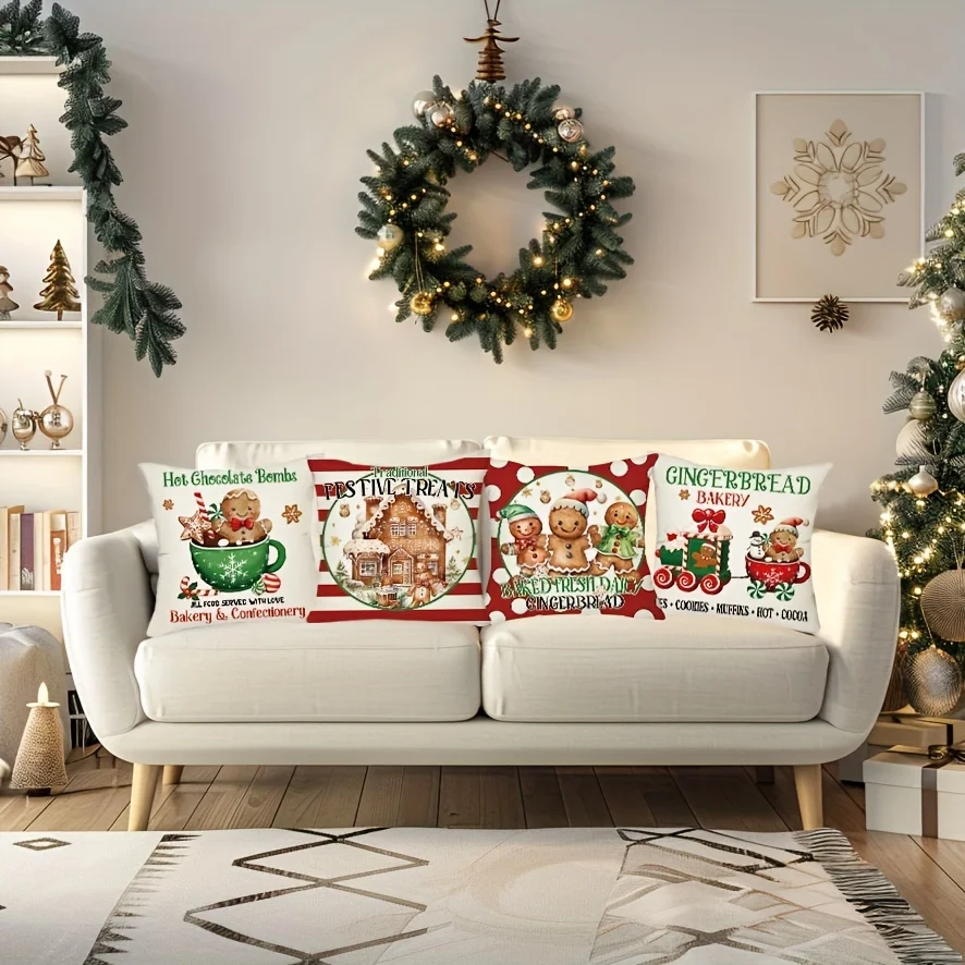 4pcs Christmas Gingerbread Pillow Covers, Bakery Hot Cocoa Winter Print, for Indoor Outdoor Sofa Porch Decor