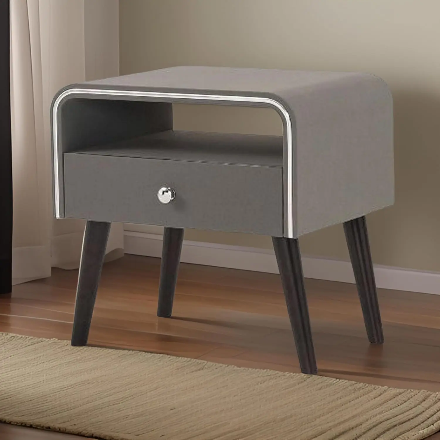 Curved Edge 1 Drawer Nightstand Chrome Trim Gray Brown, Customized