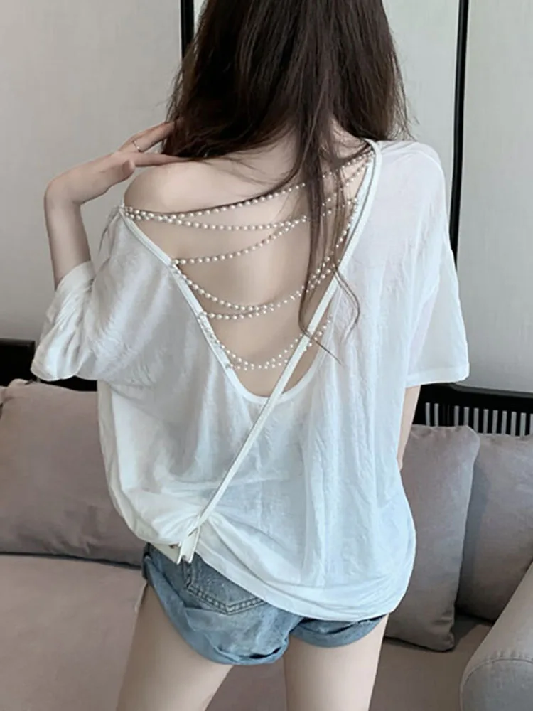 JMPRS Loose Women Translucent T Shirt Sexy Backless Pearl Beaded Ladies Oversize Tees Casual Summer Beach Sun White Black Tops