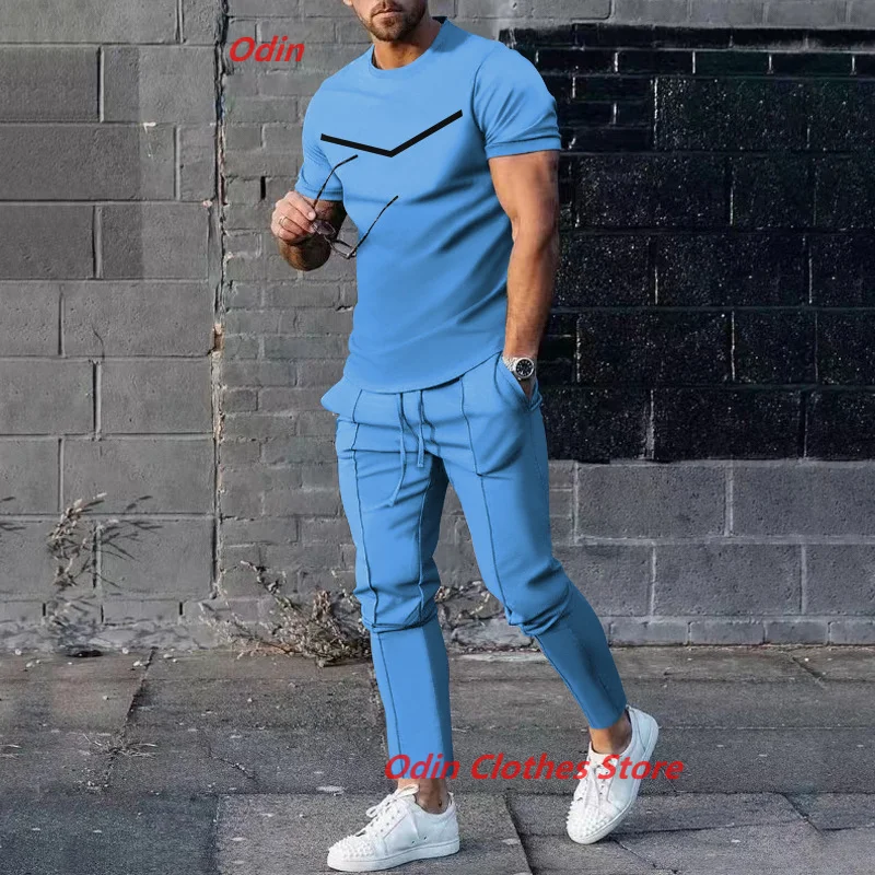 New Trend Summer Men Solid Color Trousers 2 Pieces Sets Tracksuit T-shirts +Long Pants Sportwear Jogging Suit Men Clothing