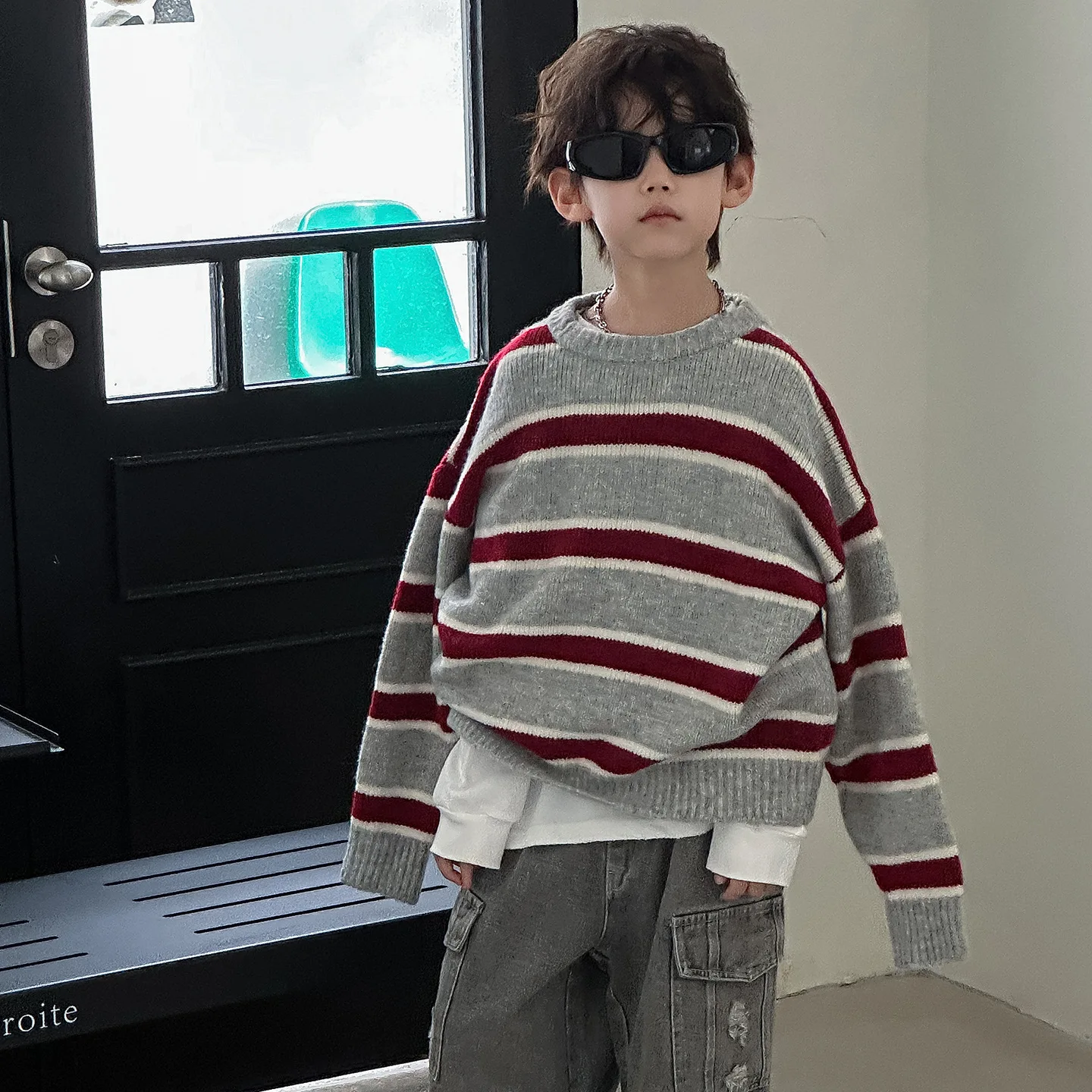 

Children Clothing Boys Fashion Casual Striped Knitted Sweater 2025 Autumn New Boys Korean Style Round Neck Loose Pullover