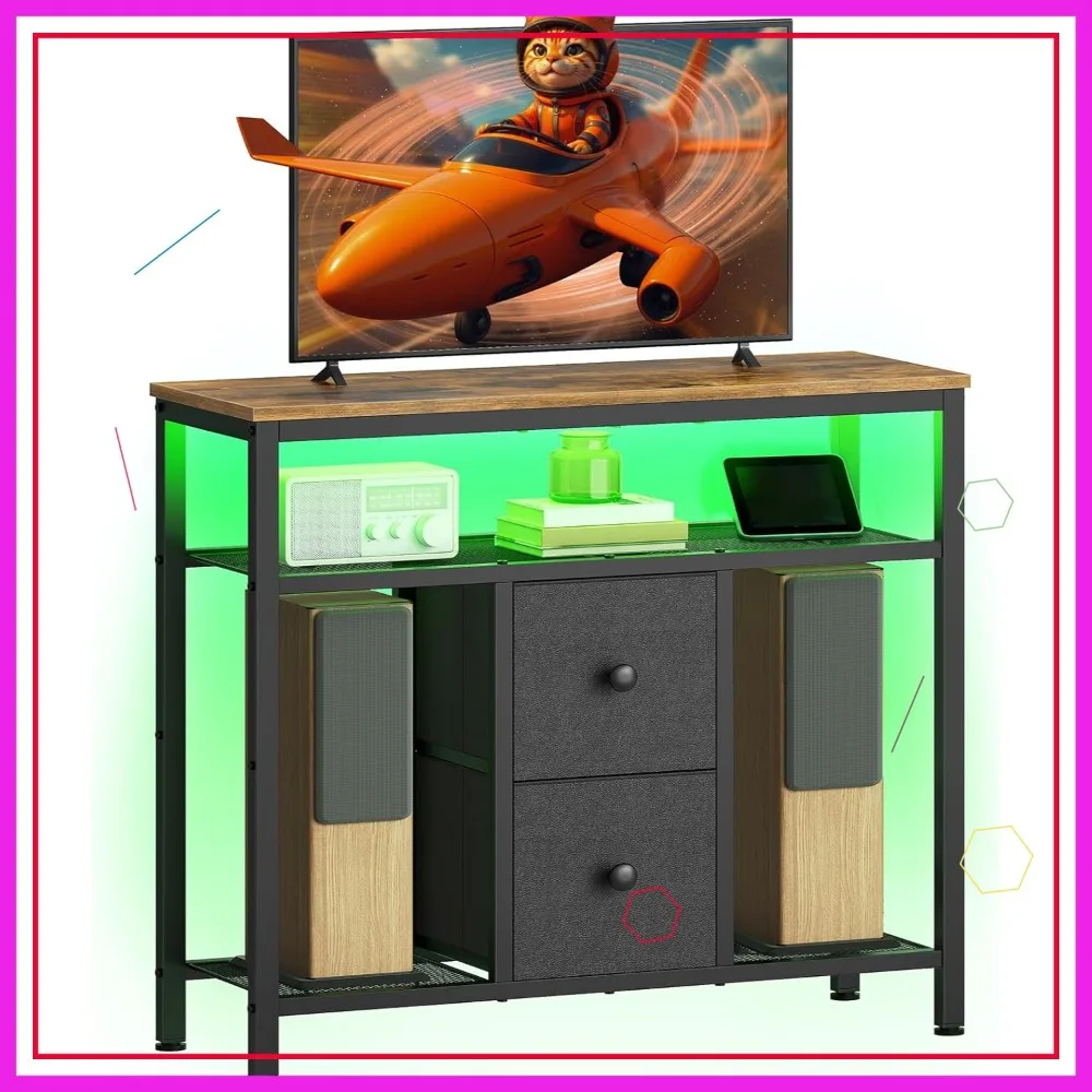 

TV Stand with LED Lights, Dresser TV Stand, Tall Entertainment Center with 2 Fabric Drawers, Black and Rustic Brown