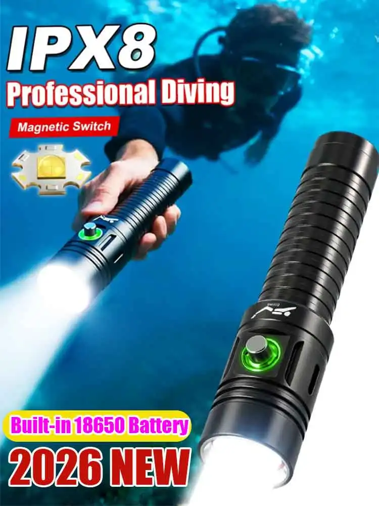 

Новый подводный фонарь 2026 года, 30 Вт, IPX8, водонепроницаемый, перезаряжаемый, светодиодный, на аккумуляторе 18650, для дайвинга, подводный фонарь до 500 м