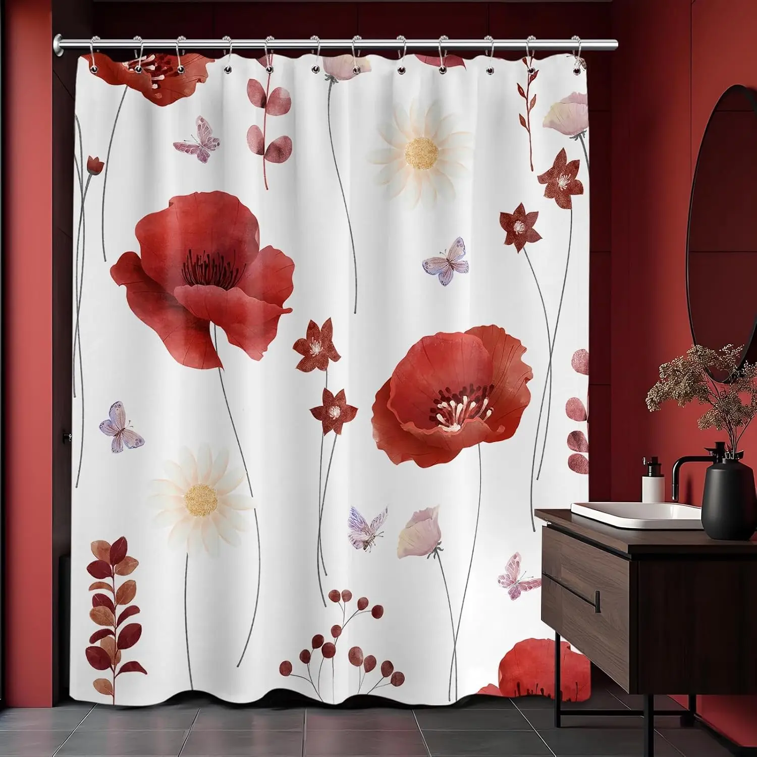 

Burgundy Watercolor Floral Shower Curtain Dark Red and White Spring Summer Modern Minimalist Flower Shower Curtains for Bathroom