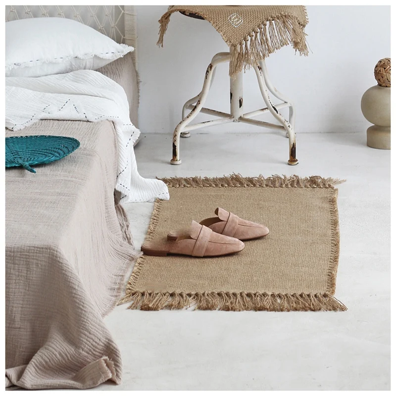 Thickened Jute Carpet Floor Mat Anti Slip Wear Resistant Heat Insulation Table Flag Manual Tassel Edge Table Mat