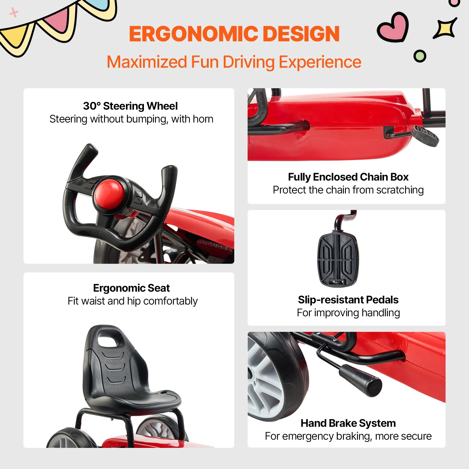 VEVOR Carrito de Pedales Todoterreno de 4 Ruedas para Niños con Volante, Asiento Ergonómico Ajustable y Freno de Mano, Ruedas de EVA, Carga de 49,9 KG Coche de Pedales para Niños de 5 a 12 Años, Rojo