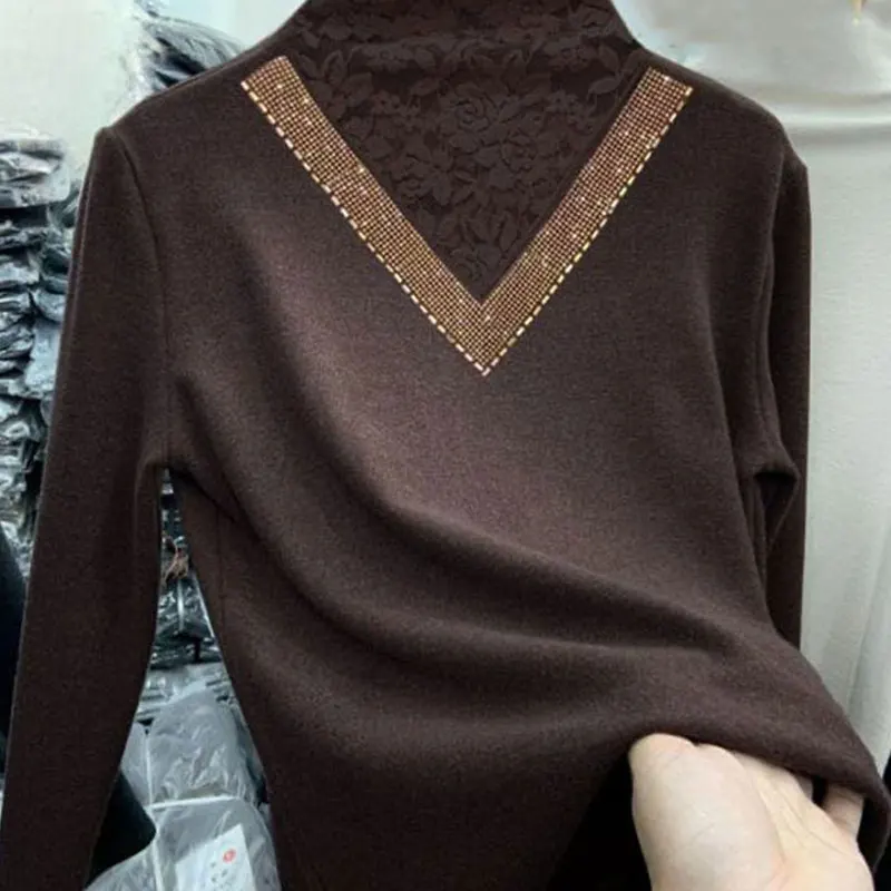 Fashion Chic Half High Collar Solid Color Lace Spliced Fleece Tops Women\'s 2022 New Commute Slim All-match Long Sleeve Pullovers